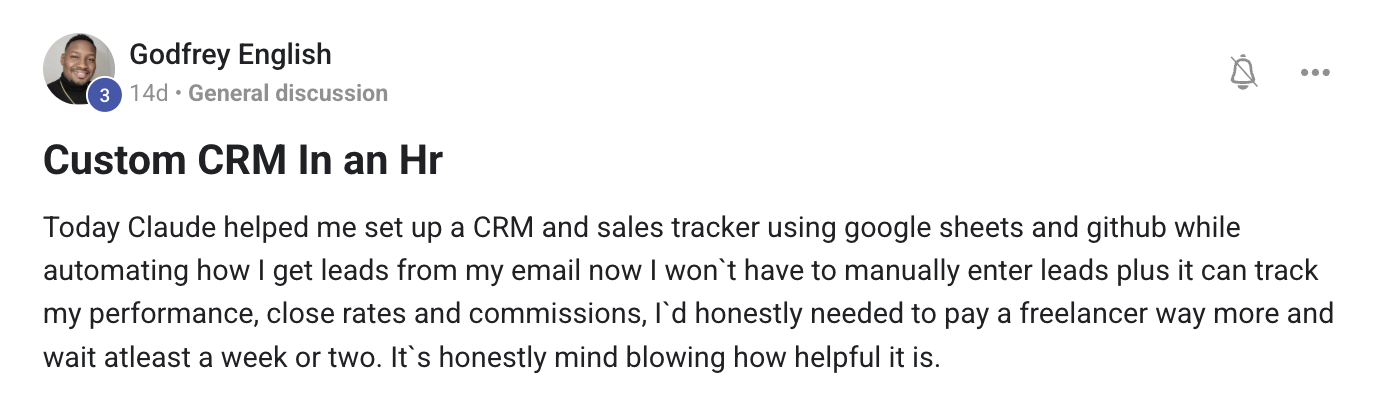 Member post: custom CRM and sales tracker built with Claude in an hour