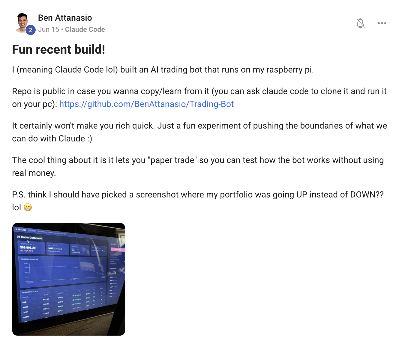 Member post: AI trading bot built with Claude Code running on a Raspberry Pi