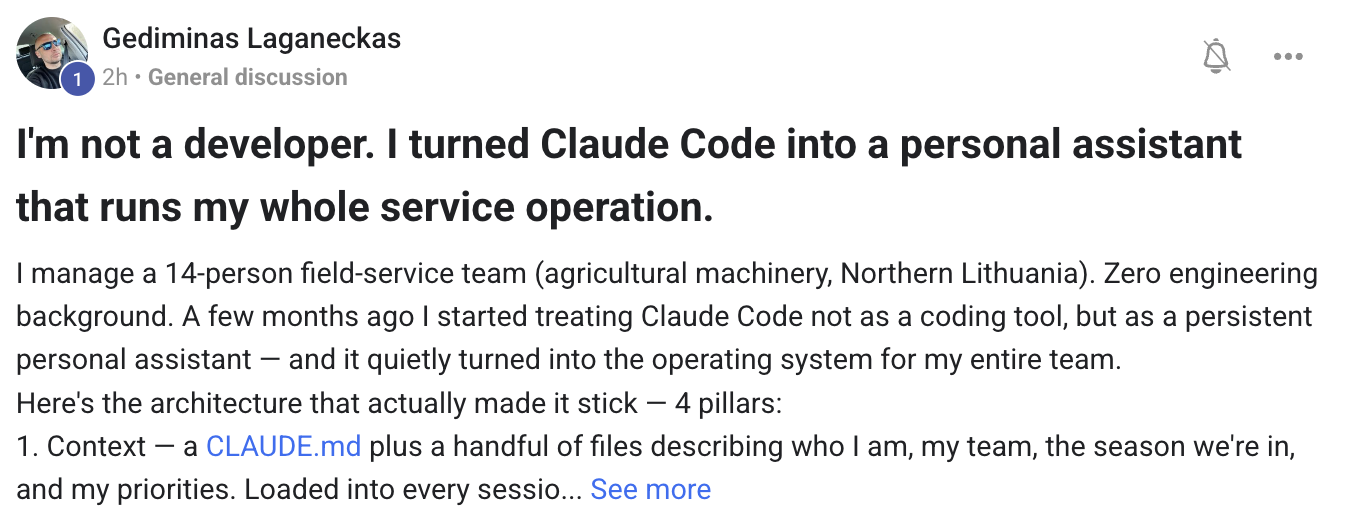 Member post: non-developer turned Claude Code into a personal assistant running a 14-person service operation