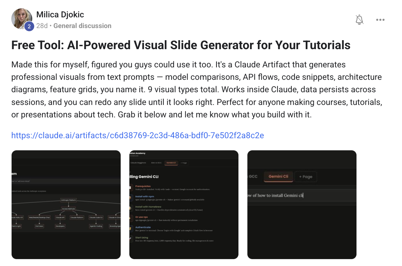 Member post: free AI slide generator tool built as a Claude artifact and shared with the community