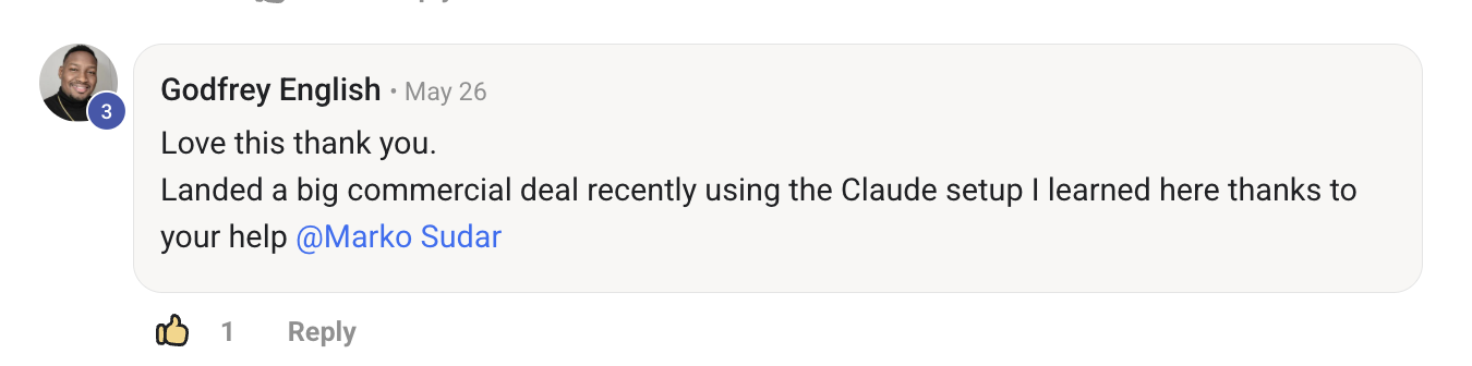 Member comment: landed a big commercial deal using the Claude setup learned here