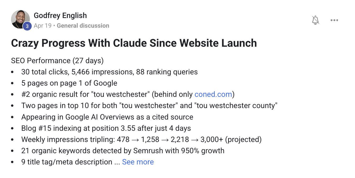 Member post: 5 pages on page 1 of Google 27 days after launching a Claude-built site